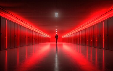 Empty corridor bathed in red neon light