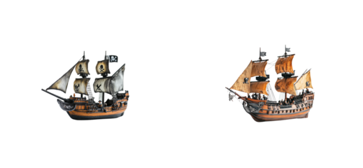 Model pirate ships with black sails and jolly roger flags. Set png cut out