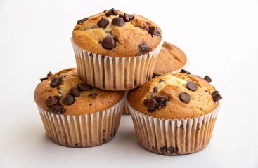 Freshly Baked Chocolate Chip Muffins with Golden-Brown Color and Scattered Chocolate Chips in Paper Liners Highlighting Delicious Homemade Treat