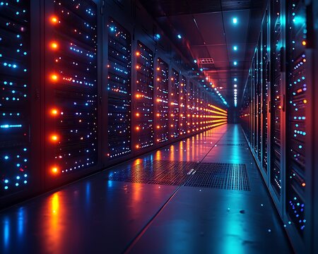 High-tech server racks with glowing blue LED lights, deep digital processing concept, futuristic cyber data center, ultra-sharp