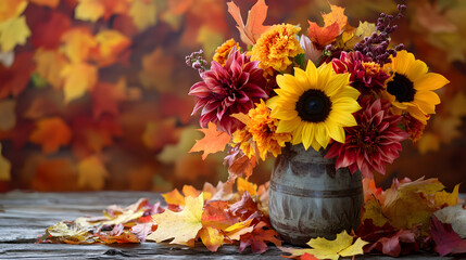 A rustic bouquet of autumn flowers featuring sunflowers, dahlias, and vibrant maple leaves, placed in a vintage vase, surrounded by fallen leaves.
