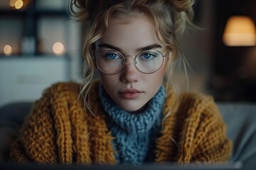 Woman wearing glasses working on her laptop while sitting on a couch.