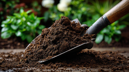 Peat organic soil heap with a shovel. Fertile soil for growing garden crops, composting process of fallen leaves, transformation of food waste into fertile soil