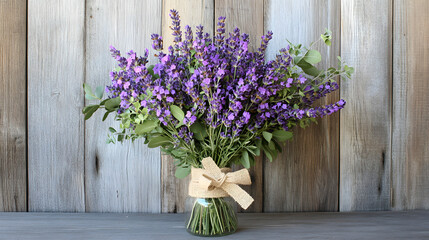 Fototapeta premium A rustic bouquet of lavender with purple flowers, tied with a burlap ribbon, placed in a mason jar on a wooden table, surrounded by greenery.