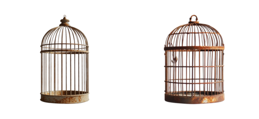 Rusty antique bird cages. Set png cut out