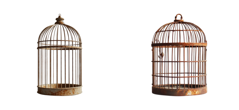 Rusty antique bird cages. Set png cut out