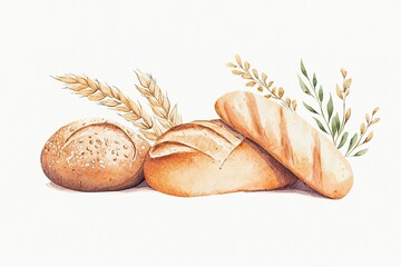 Freshly baked bread loaves with wheat stalks. Watercolor illustration on a plain background. Food art.