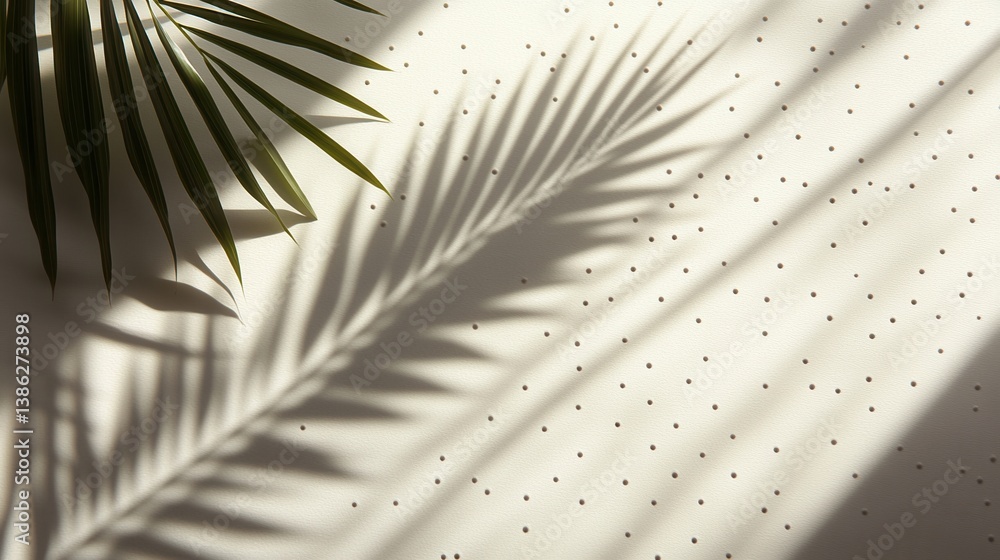 Poster Shadow patterns from leaves cast on a textured white surface during daylight create a serene and calming effect in a minimalistic setting