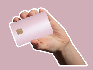 Card held by female hand. Pink plastic bankcard with chip, smart design for credit, debit, loan,...