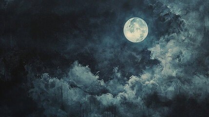 Moon in cloudy night sky painted in soft ink strokes