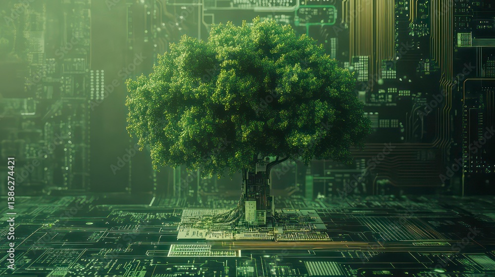 Poster green tree grows from circuit board. eco tech concept. sustainable future. environmentally friendly 