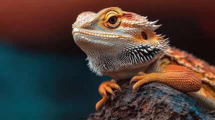 Bearded dragon posing on a rock: majestic reptile close-up