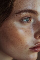 Fototapeta premium Freckled skin with piercing blue-green eye, close-up portrait highlighting natural beauty and detail.