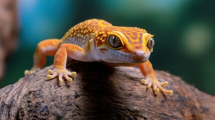 Naklejka premium Sunglow leopard gecko resting on a branch: a close-up view