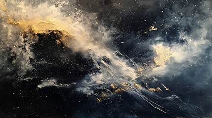 Fototapeta premium Abstract painting depicting swirling celestial clouds and golden accents