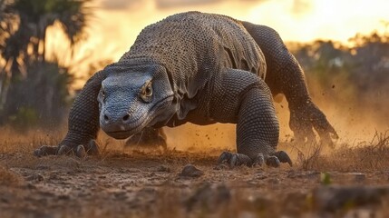 Obraz premium Komodo dragon running on komodo national park during golden hour