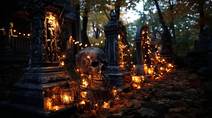 Fototapeta premium Set of gothic cemetery decorations. Vector illustration.
