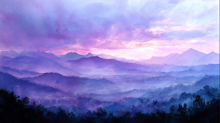 Obraz premium A beautiful watercolor painting showcasing a serene and misty mountain range at dawn, evoking calmness and tranquility. 