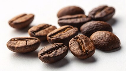 Obraz premium Scattered Roasted Coffee Beans Displaying Rich Brown Tones on a Clean White Surface Symbolizing Freshness and Aroma