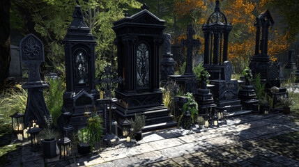 Fototapeta premium Set of gothic cemetery decorations. Vector illustration.