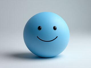 Friendly blue sphere with a simple smiley face on a neutral background casting a soft shadow. Modern design.
