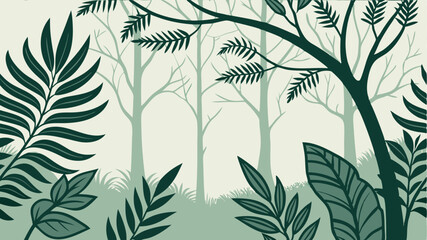 Lush green foliage in a peaceful forest setting with leaf patterns and bare trees in the background