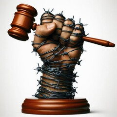 A raised human fist wrapped in barbed wire and gripping a Court gavel isolated on white Human Rights day concept