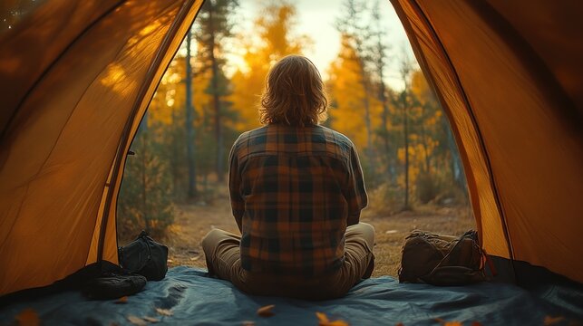 Person Relaxing Inside Tent Enjoying Sunset in Forest Camping Adventure Outdoor Leisure Nat
