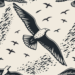 Black and white illustration featuring flying birds in various patterns highlighting nature's grace and freedom