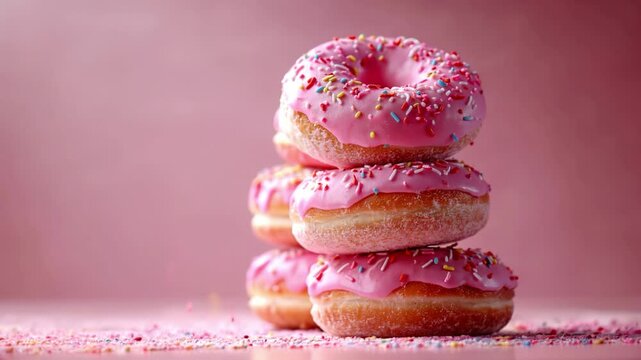 Stack of Pink Frosted Donuts with Sprinkles Delicious Bakery Dessert, Food Photography, Tasty Confectionery, seamless looping overlay 4k video.