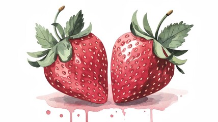 Watercolor illustration featuring two ripe, juicy strawberries cut in halves, showcasing vibrant red color and detailed seeds. Leaves are visible at the top, adding a natural touch.