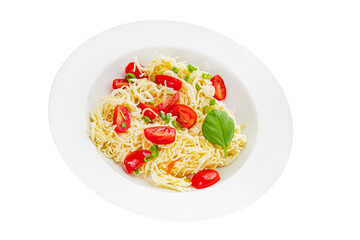 Pasta with tomatoes vermicelli vegetables dish fresh delicious gourmet food background on the table rustic food top view copy space