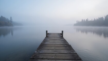 Wooden dock extends into a serene lake surrounded by misty forest landscape, creating a peaceful atmosphere. Trees reflect softly on the calm water under a misty sky