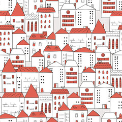 Cityscape pattern. Doodle town seamless background. Vector cartoon illustration with houses © Afanasia