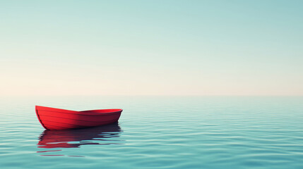 Fototapeta premium A cute small red boat on a calm ocean background
