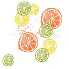 Bright and cheerful illustration of citrus slices—orange, lemon, and lime—on a light  background with watercolor splashes. A fresh and juicy design perfect for summer themes, healthy food