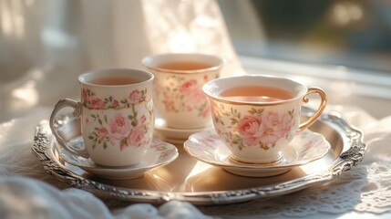 Fototapeta premium Elegant Tea Time Floral Teacups on a Silver Tray with Soft Sunlight