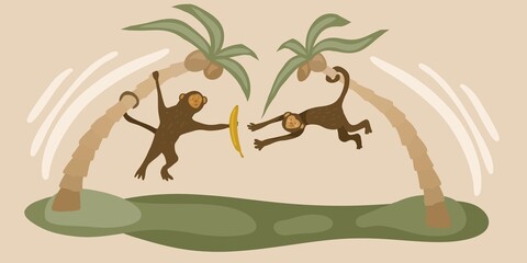 Playful illustration of two monkeys hanging from palm trees, tossing a banana between them. A fun and energetic design perfect for children’s decor, jungle-themed art, and tropical wildlife projects.