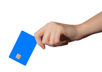 Card in hand closeup. Bold blue plastic bankcard showing chip, used for electronic payment, online shopping, commerce. Isolated on white background.