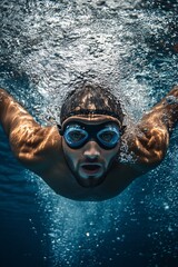 Fototapeta premium Swimmer underwater taking a breath in swimming pool