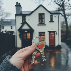 Hand holding house keys in front of a modern suburban home · Real estate purchase, homeownership or moving day concept with luxury architecture
