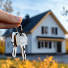 Hand holding house keys in front of a modern suburban home · Real estate purchase, homeownership or moving day concept with luxury architecture