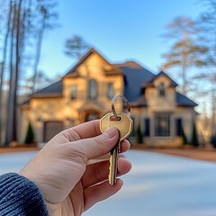 Hand holding house keys in front of a modern suburban home · Real estate purchase, homeownership or moving day concept with luxury architecture