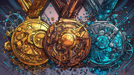 Obraz premium Receiving the cartoon game achievement. Vector illustration with golden, silver and bronze award.