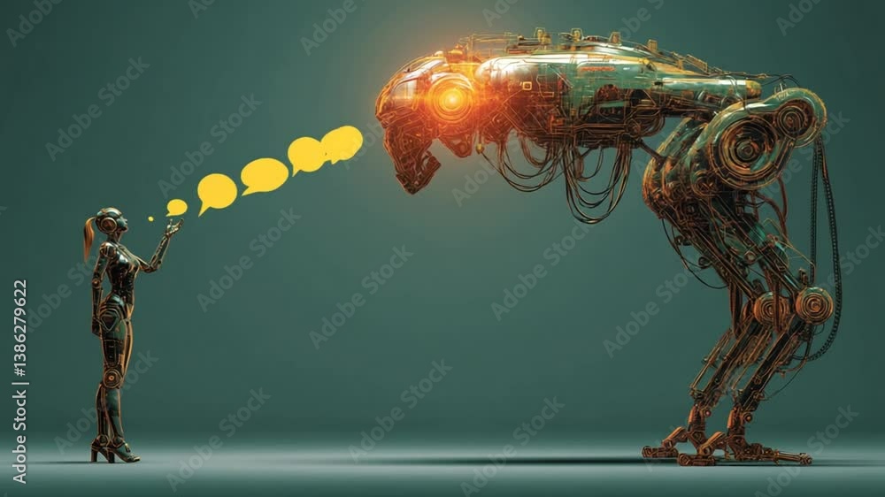 Poster robot interacts with large police dog robot in futuristic setting generative ai