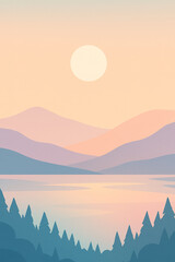 Serene pastel mountain landscape reflecting in lake at warm sunset light