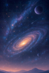 Mystical spiral galaxy glowing in deep blue cosmic night sky