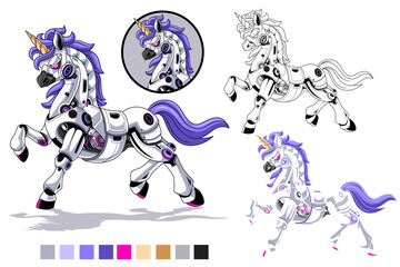 Obraz premium Unicorn Robot Illustration with outline and color palette