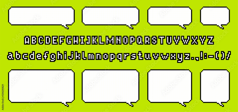 Poster pixel art font. icon set. speech bubbles. geometric abstract elements. vector graphics. retro digita