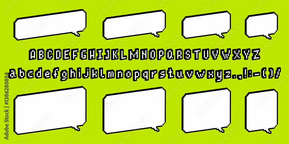 Aufkleber 3d pixel art font. icon set. speech bubbles. 3d geometric abstract elements. Vector graphics. retro digital style. gaming y2k style.